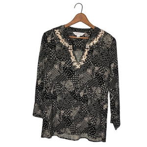 Magnolia Grace Small S Stitch Fix Black Cream Embroidered Beaded Tunic Top‎ Boho